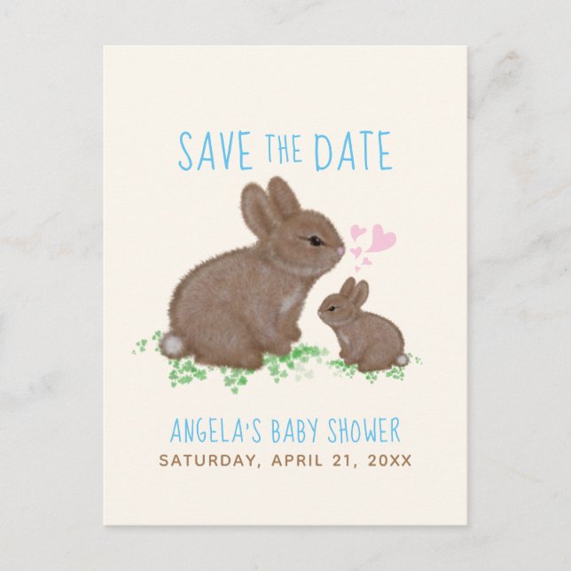 Postal De Anuncios Bunnies Hearts Boy Baby Shower Salva La Fecha (Anverso)