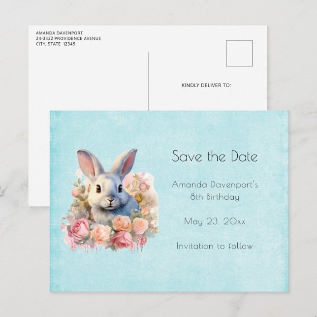 Postal De Anuncios Bunny with a Garland of Roses Cute (Anverso / Reverso)