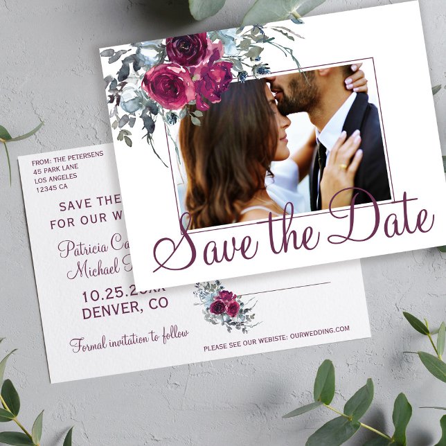 Postal De Anuncios Burgundy acuarela floral foto guardar boda de fech (Subido por el creador)