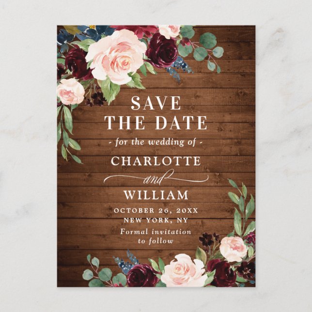 Postal De Anuncios Burgundy Blue Blush Rustic Wedding Save the Date (Anverso)