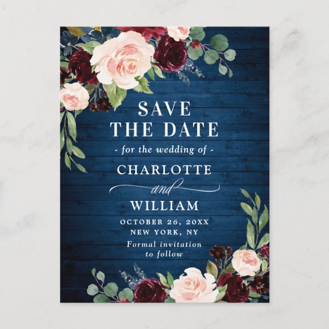 Postal De Anuncios Burgundy Blue Blush Rustic Wedding Save the Date e (Anverso)