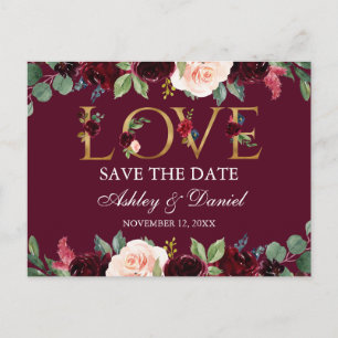 Postal De Anuncios Burgundy Blue Floral Gold Love Save The Date