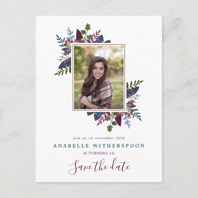 Postal De Anuncios Burgundy Blue Leaves Sweet 16 Foto Guardar la Fech (Anverso)
