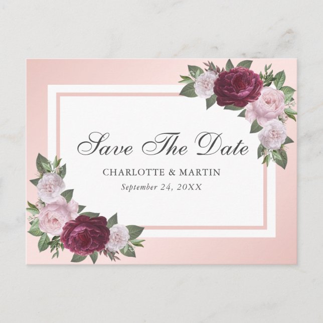 Postal De Anuncios Burgundy Blush Pink Floral Save The Date (Anverso)