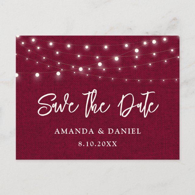 Postal De Anuncios Burgundy Burlap Luces Wedding Save The Date (Anverso)