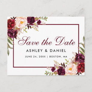 Postal De Anuncios Burgundy Floral Acuarela Save the Date