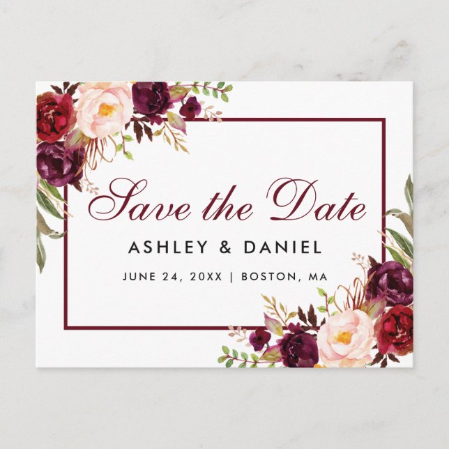 Postal De Anuncios Burgundy Floral Acuarela Save the Date (Anverso)
