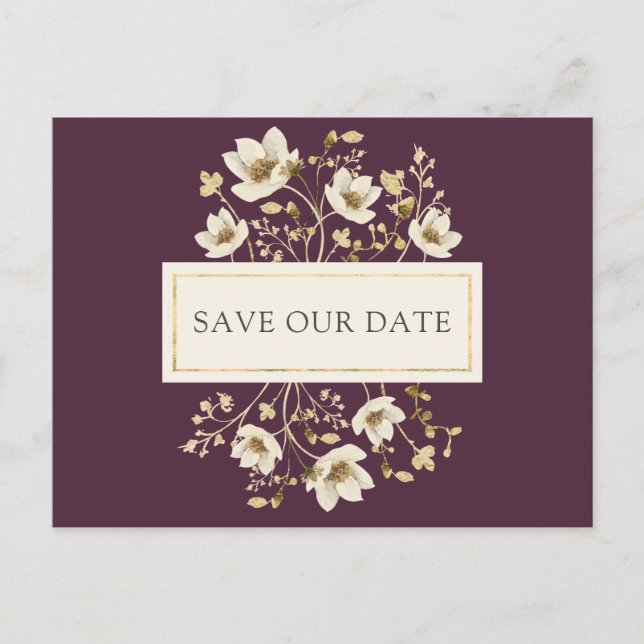 Postal De Anuncios Burgundy Floral Boda Save the Date (Anverso)