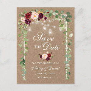 Postal De Anuncios Burgundy Floral Botánico Save The Date Kraft