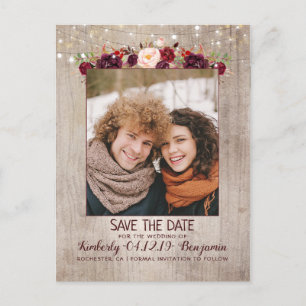 Postal De Anuncios Burgundy Floral Rustic Photo Save the Date