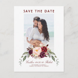 Postal De Anuncios Burgundy Floral Watercolor Photo Save the Date