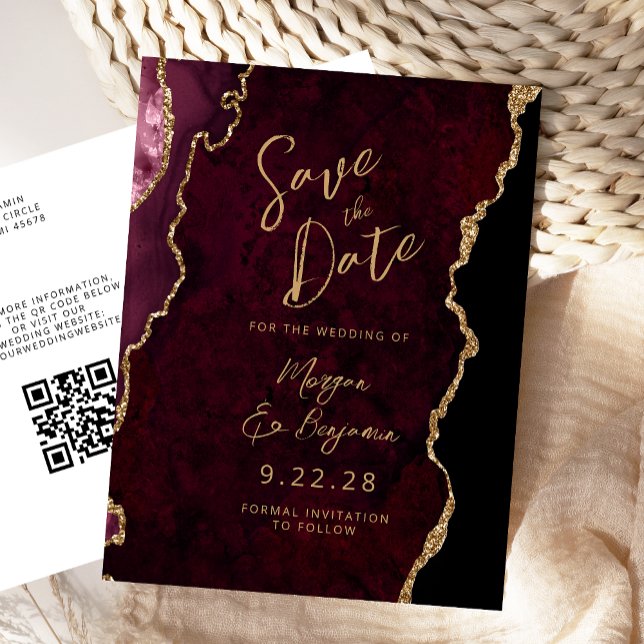 Postal De Anuncios Burgundy Gold Agate Código QR Guardar la Fecha (Subido por el creador)