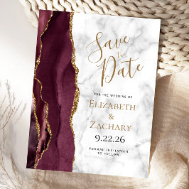 Postal De Anuncios Burgundy Gold Agate Marble Save the Date