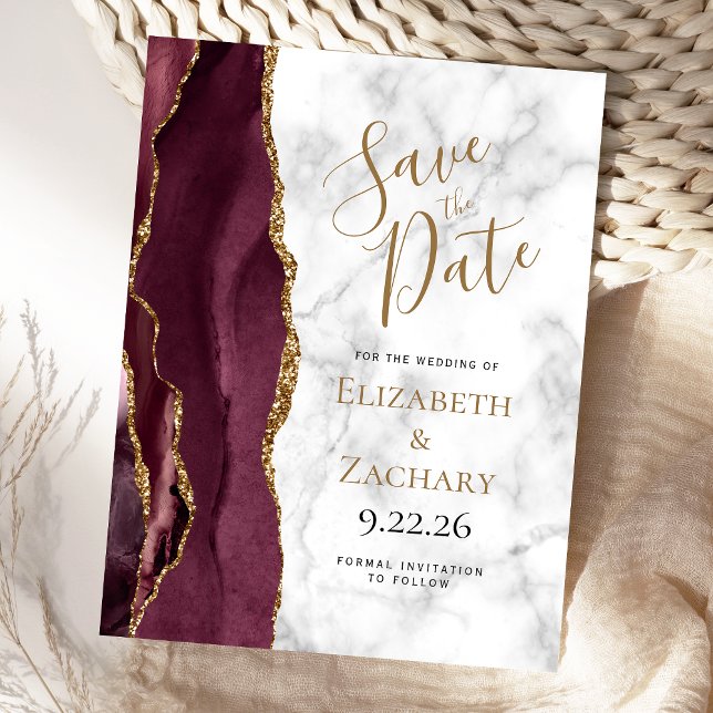 Postal De Anuncios Burgundy Gold Agate Marble Save the Date (Subido por el creador)