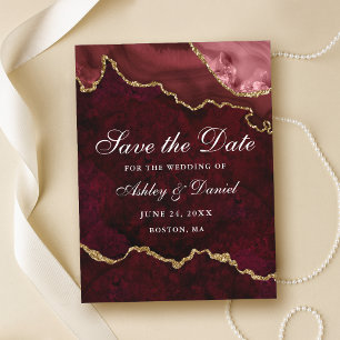 Postal De Anuncios Burgundy Gold Mármol Ágata Geoda Save The Date