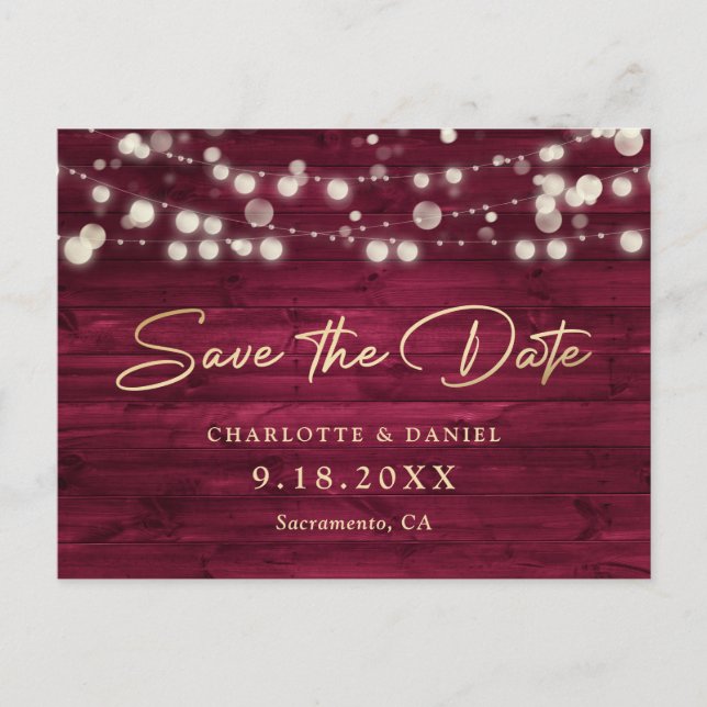 Postal De Anuncios Burgundy Gold Wood String Lights Script Wedding (Anverso)