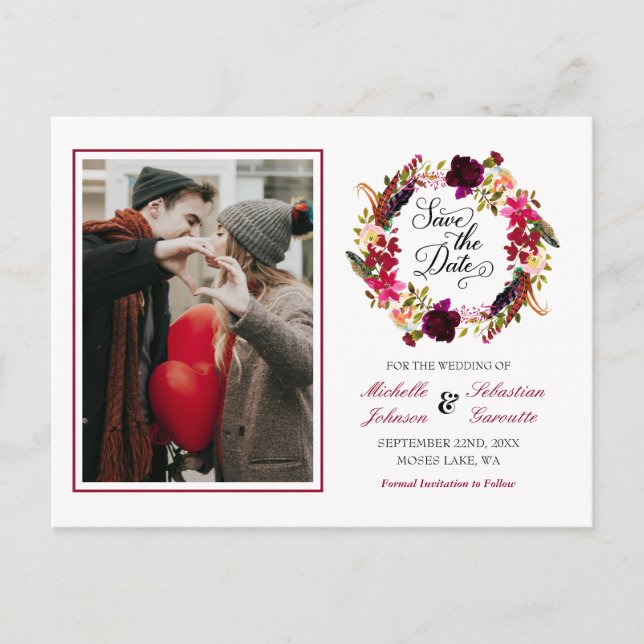 Postal De Anuncios Burgundy Marsala Rustic Photo Floral salva la fech (Anverso)