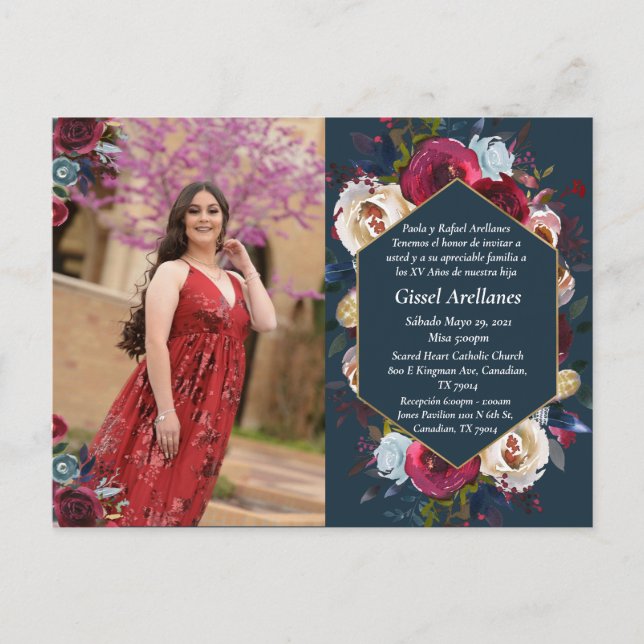 Postal De Anuncios Burgundy Moderno Marino Floral Foto Guardar la Fec (Anverso)