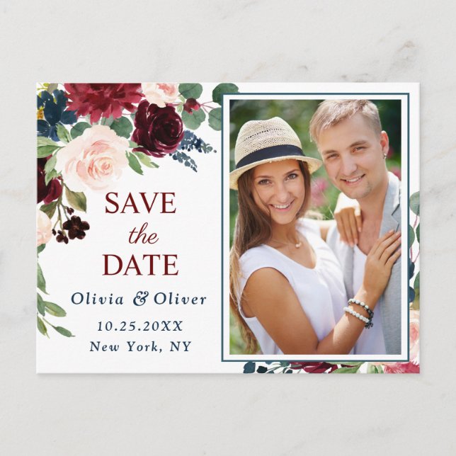 Postal De Anuncios Burgundy Navy Blue Blush Wedding Save the Date en  (Anverso)
