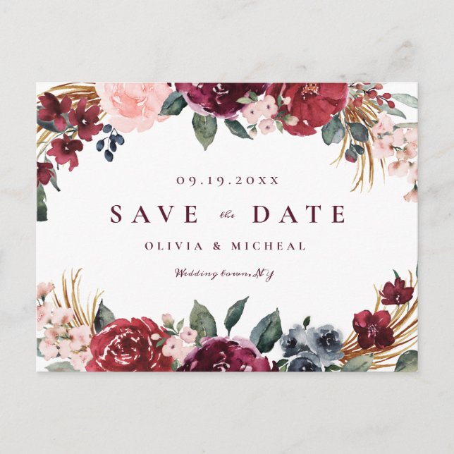 Postal De Anuncios Burgundy rústico boho floral guardar la fecha (Anverso)