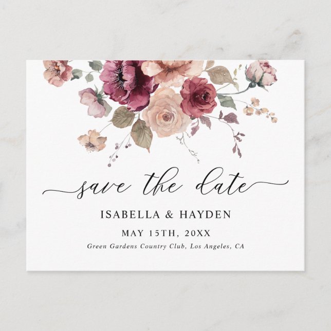 Postal De Anuncios Burgundy Terracotta Fall Floral Save the Date (Anverso)