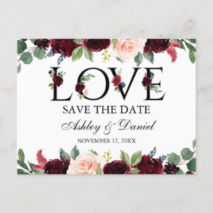 Postal De Anuncios Burgundy Watercolor Floral Love Save the Date