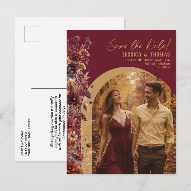 Postal De Anuncios Burgundy Wildflowers Photo Wedding Save the Date (Anverso / Reverso)