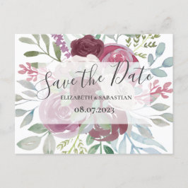 Postal De Anuncios Burgundy y Aquarela Azul Polvoriento Save The Date