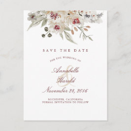 Postal De Anuncios Burgundy y Floral Blanco Ahorra la Fecha