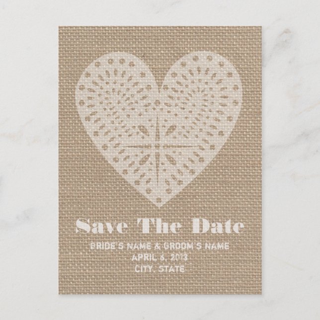 Postal De Anuncios Burlap Inspired Heart Wedding Save The Date (Anverso)
