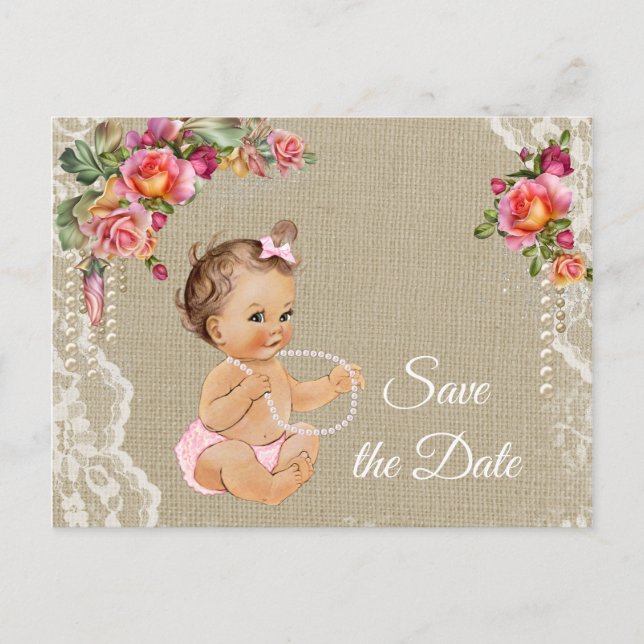 Postal De Anuncios Burlap Lace Baby Shower Guardar la fecha (Anverso)