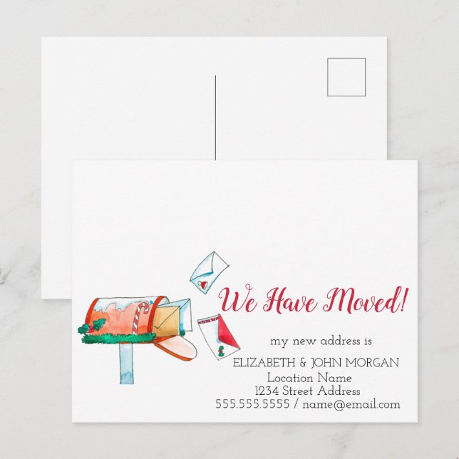 Postal De Anuncios Buzón de acuarela Navidad Nos hemos mudado  (Anverso / Reverso)