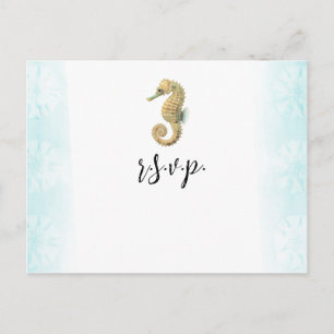 Postal De Anuncios Caballito de Mar Azul Teal y Dorado Acuarela RSVP 