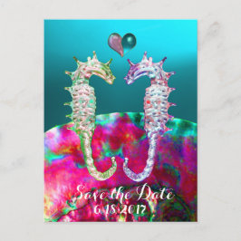 POSTAL DE ANUNCIOS CABALLITOS DE MAR ENAMORADOS, AZUL ROSA NACARADO, 