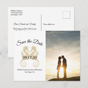 Postal De Anuncios Caballos de mar de oro Boda tropical Save Date Pho