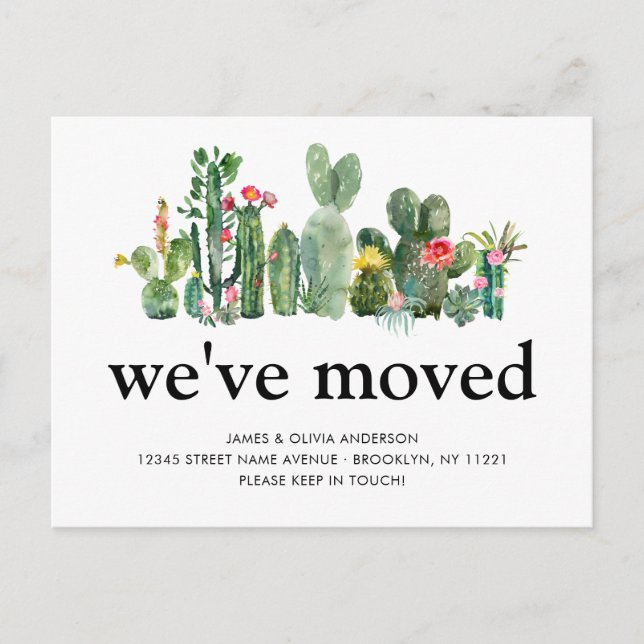 Postal De Anuncios Cactus acuarela de moda Nos hemos mudado de nuevo  (Anverso)