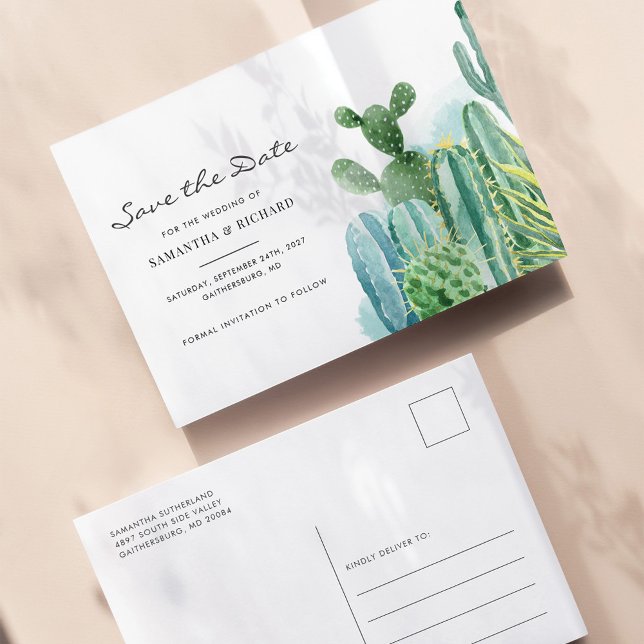 Postal De Anuncios Cactus Botánicos Aquarela Boda Save The Date (Cacti Watercolor Wedding Save the Date Postcard)