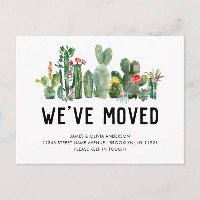 Postal De Anuncios Cactus de Acuarela Nos Mudamos de Hogar Monada Mud (Anverso)
