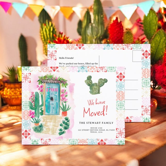 Postal De Anuncios Cactus del suroeste puerta acuarela mudanza de cas (Southwestern cacti door watercolor new home moving announcement postcard)