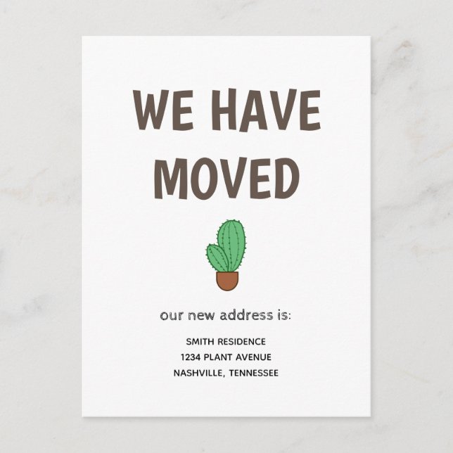 Postal De Anuncios Cactus en una Maceta Nos hemos Mudado (Anverso)