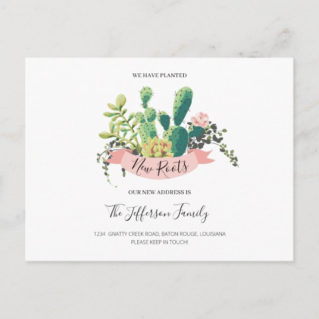 Postal De Anuncios Cactus Plantado Nuevas Raíces Movido Mudado (Anverso)