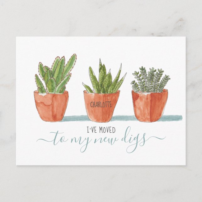 Postal De Anuncios Cactus Suculentas Acuarela Boho Lindas Me He Mudad (Anverso)