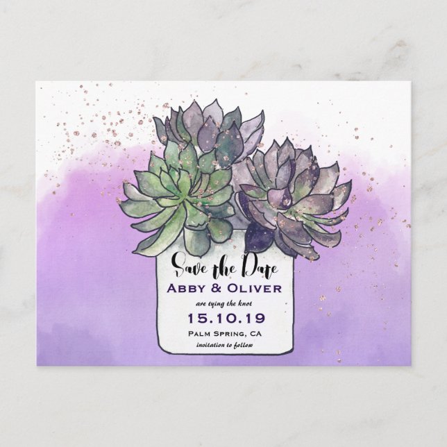 Postal De Anuncios Cactus Suculento Verde Púrpura Foto Guardar la Fec (Anverso)
