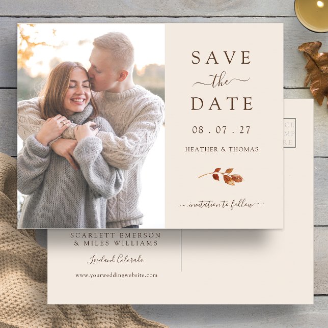 Postal De Anuncios Caída Terracotta deja foto Boda Guardar fecha (Fall Terracotta Leaves Wedding Photo Save The Date Announcement Postcard by Painted Paperie
)