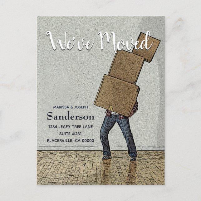 Postal De Anuncios Cajas Divertidas para Mudanzas Nos hemos Mudado (Anverso)