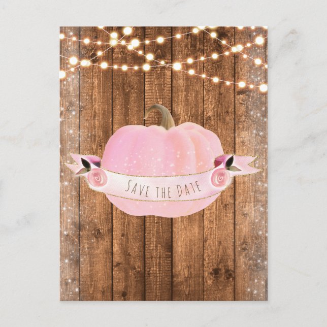 Postal De Anuncios Calabaza rosa Caída Luces de Madera Rústica Salvar (Anverso)