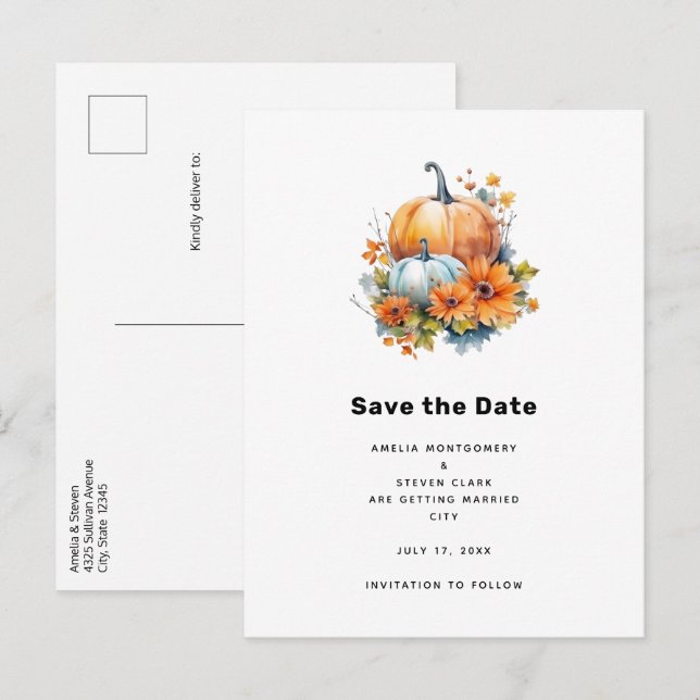 Postal De Anuncios Calabazas otoñales con flores y Boda de follaje (Anverso / Reverso)