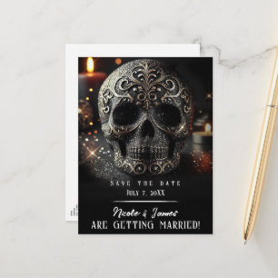 Postal De Anuncios Calavera de brillo glam negro purpurina Fecha de g