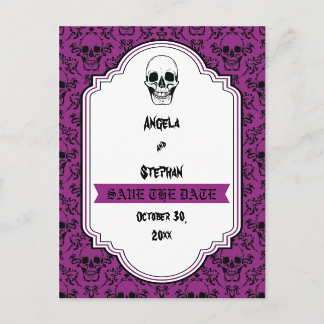 Postal De Anuncios Calavera de Halloween damasco morado Gótico Guarda (Anverso)
