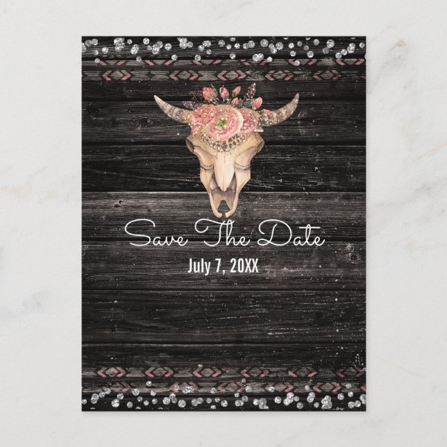 Postal De Anuncios Calavera de Vaca Floral Rústica Boho Chic Salva la (Anverso)